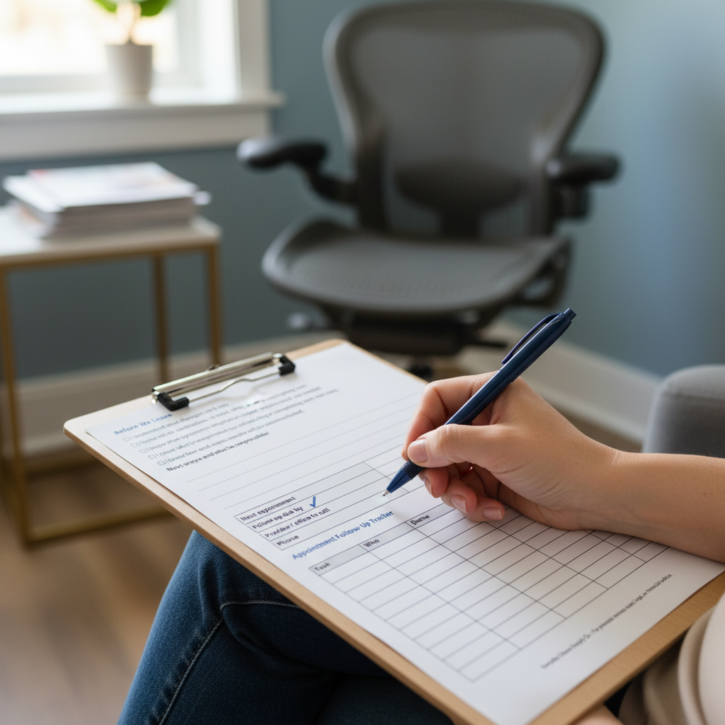Person filling out a Doctor Appointment Follow-Up form on a clipboard