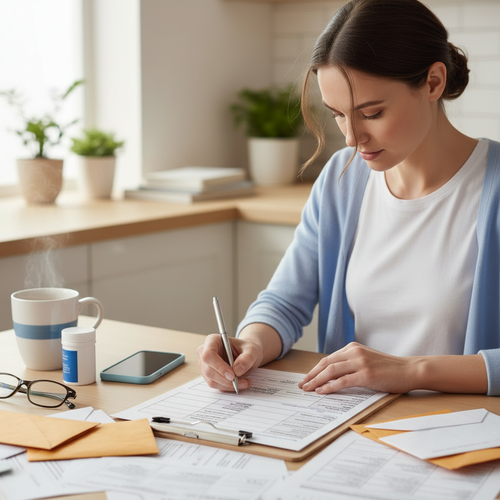 Stressed but determined caregiver filling out a master information form at a cluttered desk